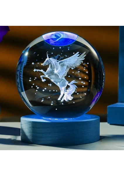 Büyük Boy Işıklı Ahşap Kaideli Kanatlı At Temalı Cam Küre 8cm modelleri