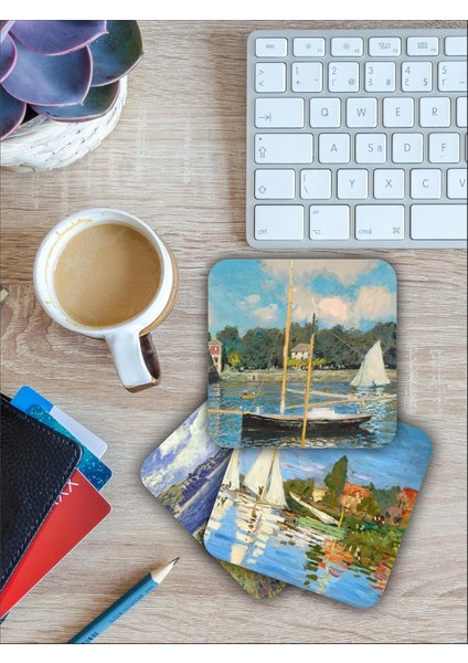 Claude Monet Temalı Ahşap Bardak Altlığı Ahşap Baskılı Altlık 6'Lı Set (9 X9cm) Karbonnm20