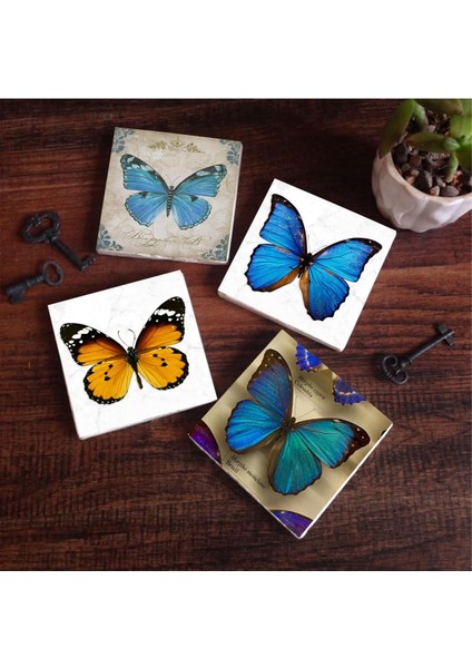 Kelebek Taş Bardak Altlığı Masaüstü Koruyucu Altlık 4 Parça Set 10X10CM Stone Coasters SC169