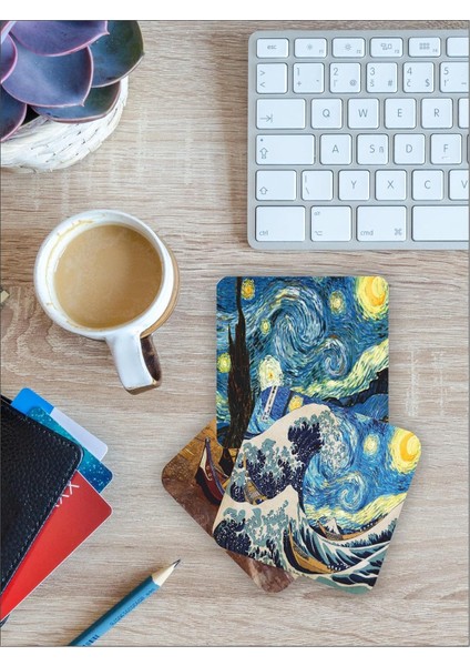 Van Gogh Temalı Ahşap Bardak Altlığı Ahşap Baskılı Altlık 6'Lı Set (9 X9cm) Karbonnm14
