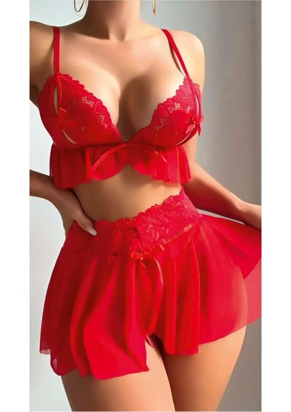 Kırmızı Mini Şık Tasarım Dantel Detaylı Seksi Kadın Fantezi Kostüm