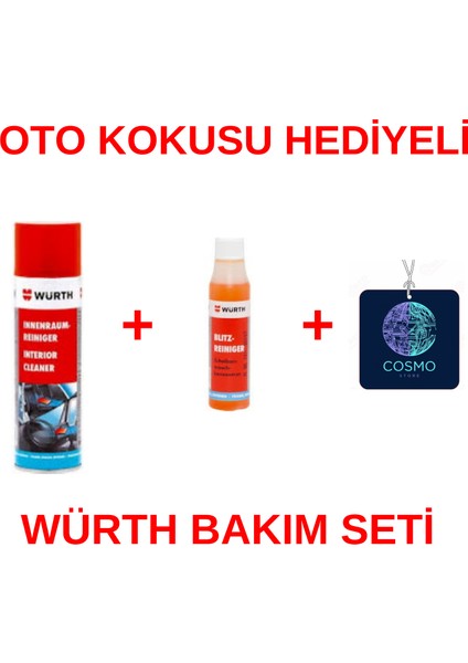 Araç Içi Temizleme Köpüğü 500ML + Würth Cam Sabunu 32ML + Oto Kokusu