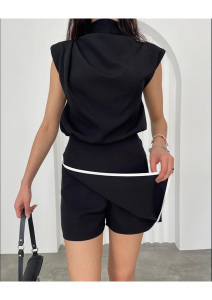 Zr Model Siyah Beyaz Şeritli Asimetrik Şort Tulum fiyatları
