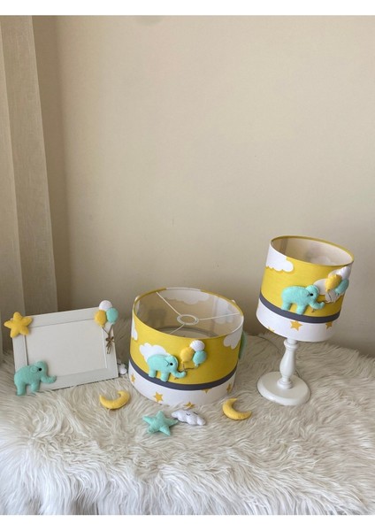 Sarı Bulutlu Mint Filli Bebek Çocuk Odası Avize Abajur Çerçeve Set