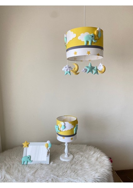 Sarı Bulutlu Mint Filli Bebek Çocuk Odası Avize Abajur Çerçeve Set