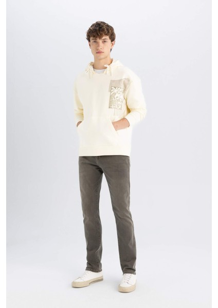 Boxy Fit Kapüşonlu Baskılı Kanguru Cepli Sweatshirt C7050AX24AU