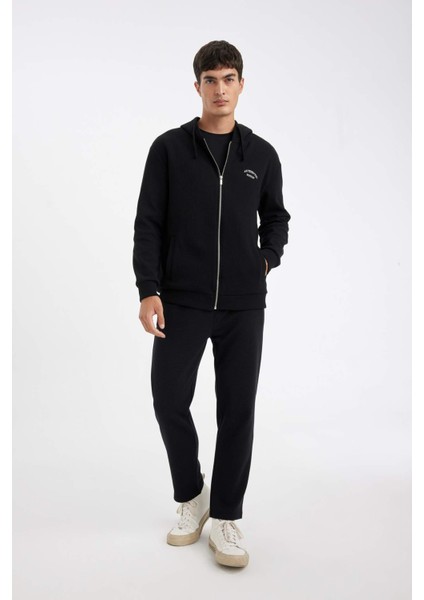 Siyah Relax Fit Kapüşonlu Waffle Baskılı Cepli Fermuarlı Sweatshirt D2629AX24AU fiyatları