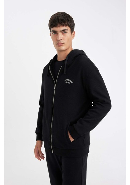 Siyah Relax Fit Kapüşonlu Waffle Baskılı Cepli Fermuarlı Sweatshirt D2629AX24AU modelleri
