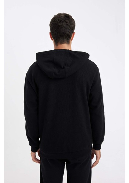 Siyah Relax Fit Kapüşonlu Waffle Baskılı Cepli Fermuarlı Sweatshirt D2629AX24AU indirimleri