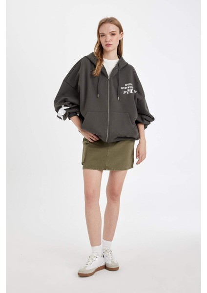 Oversize Geniş Kalıp Kapüşonlu Sırt Baskılı Kanguru Cepli Kalın Kumaş Fermuarlı Sweatshirt D6754AX24WN