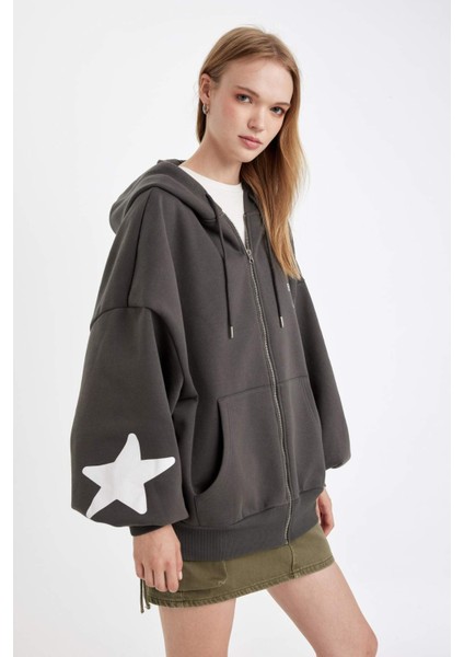 Oversize Geniş Kalıp Kapüşonlu Sırt Baskılı Kanguru Cepli Kalın Kumaş Fermuarlı Sweatshirt D6754AX24WN
