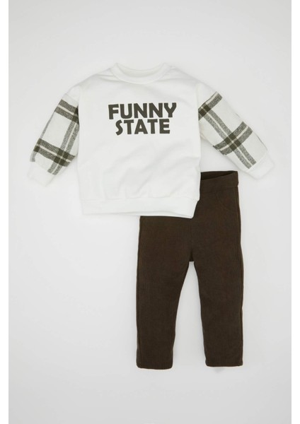 Erkek Bebek 2'li Takım Baskılı Bisiklet Yaka Sweatshirt Üst Beli Lastikli Pantolon Alt D3362A524WN