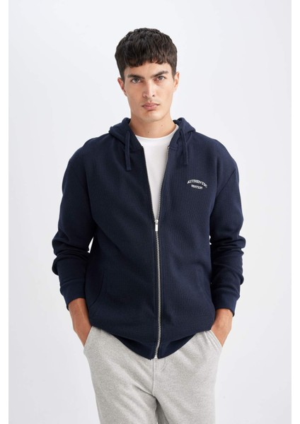 Lacivert Relax Fit Kapüşonlu Waffle Baskılı Cepli Fermuarlı Sweatshirt D2629AX24AU modelleri
