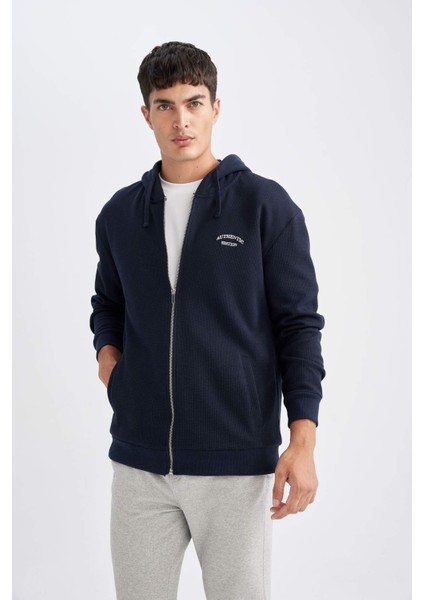 Lacivert Relax Fit Kapüşonlu Waffle Baskılı Cepli Fermuarlı Sweatshirt D2629AX24AU fırsatları