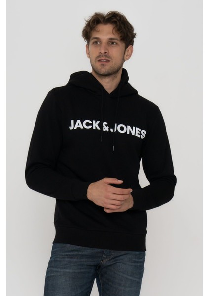 Jack & Jones Erkek Logo Baskılı Kapüşonlu Sweatshirt - Deldrick