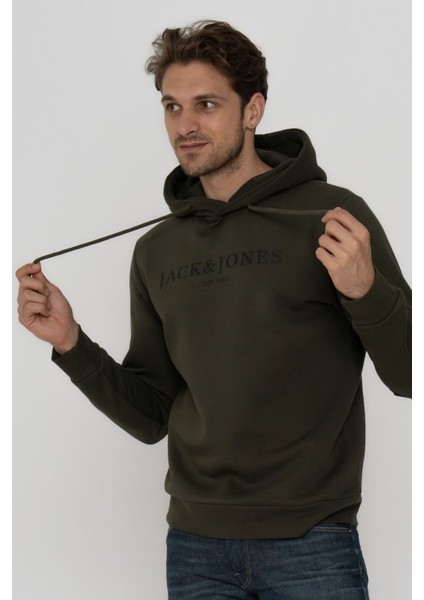 Jack & Jones Erkek Göğüs Logo Baskılı Kapüşonlu Sweatshirt - Trap