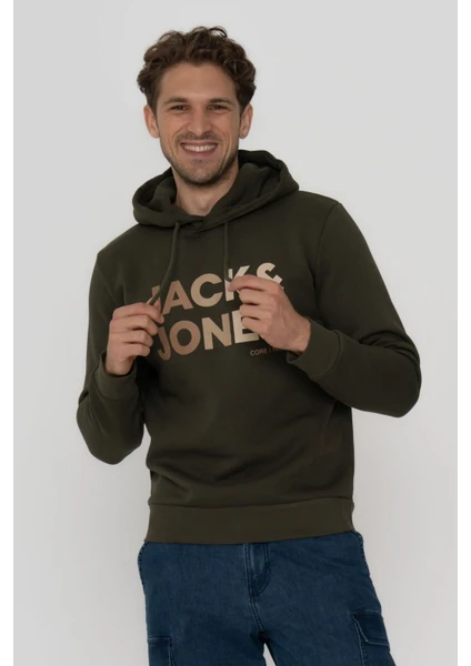 Jack & Jones Erkek Kapüşonlu Logo Baskılı Sweatshirt - Forest