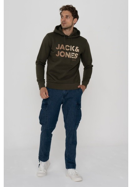 Jack & Jones Erkek Kapüşonlu Logo Baskılı Sweatshirt - Forest