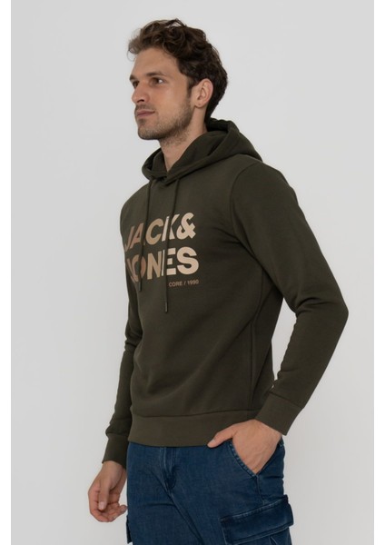 Jack & Jones Erkek Kapüşonlu Logo Baskılı Sweatshirt - Forest