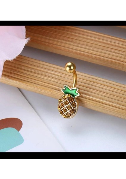 Zirkon Taşlı Gold Renk Ananas Göbek Piercingi fiyatları