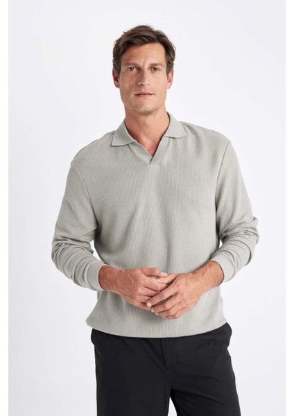Açık Haki Regular Fit Polo Yaka Jakarlı Triko Sweatshirt A9785AX24AU