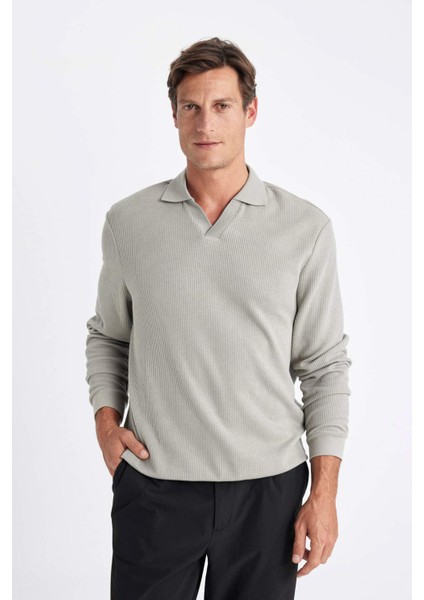 Açık Haki Regular Fit Polo Yaka Jakarlı Triko Sweatshirt A9785AX24AU