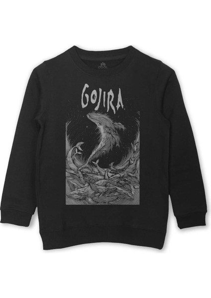 Gojira Balıklar Köpek Balığı Music Baskılı Çocuk Sweatshirt Siyah Sweat