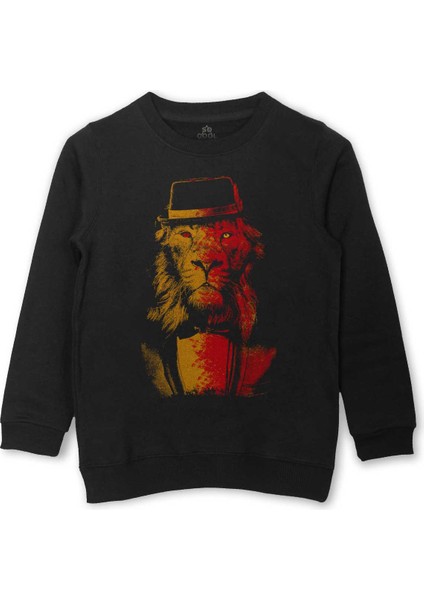 Suit Up Takım Elbiseli Sarı Kırmızı Aslan Modern Kıravat Arslan Baskılı Çocuk Sweatshirt Siyah Sweat