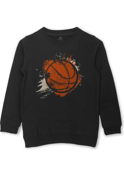 Basketbol Vintage Grunge Retro Basket Topu Baskılı Çocuk Sweatshirt Siyah Sweat