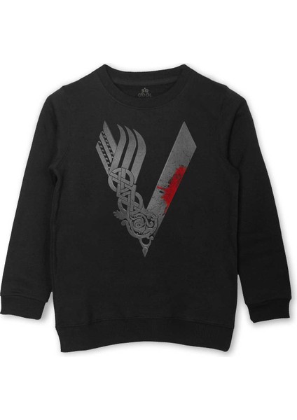 Vikingler Logo Vikings Dizi Film Baskılı Çocuk Sweatshirt Siyah Sweat