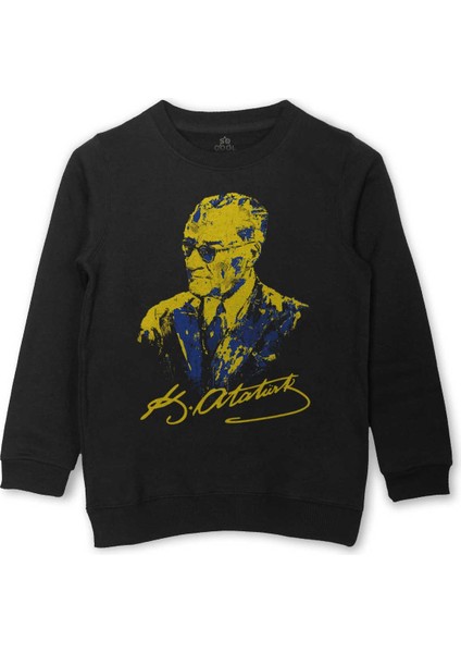 Atatürk Sarı Lacivert Baskılı Çocuk Sweatshirt Siyah Sweat