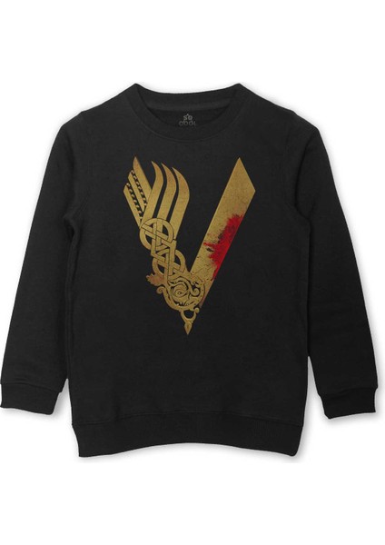 Vikingler Logo Vikings Altın Sarısı Baskılı Çocuk Sweatshirt Siyah Sweat