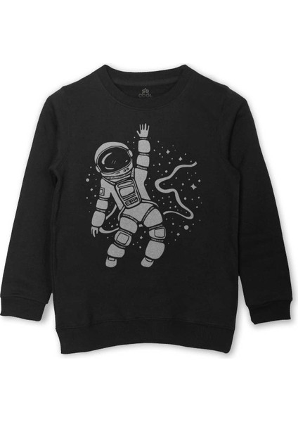 Uzayda El Sallayan Astronot Cosmos Baskılı Çocuk Sweatshirt Siyah Sweat