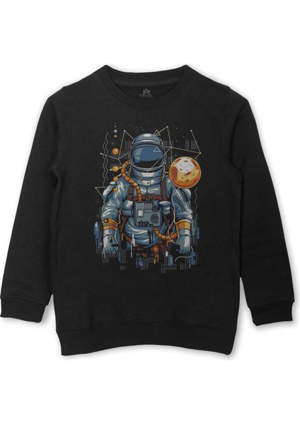 Uzay Gemisinde Yolculuk Eden Astronot Cosmos Göktaşı Baskılı Çocuk Sweatshirt Siyah Sweat