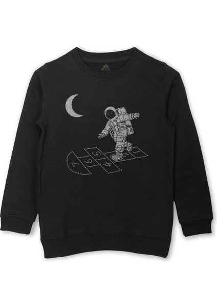 Uzayda Sek Sek Oyun Seksek Astronot Cosmos Baskılı Çocuk Sweatshirt Siyah Sweat