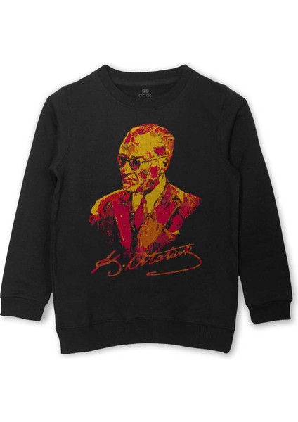 Karizma Gözlüklü Atatürk Sarı Kırmızı Baskılı Çocuk Sweatshirt Siyah Sweat