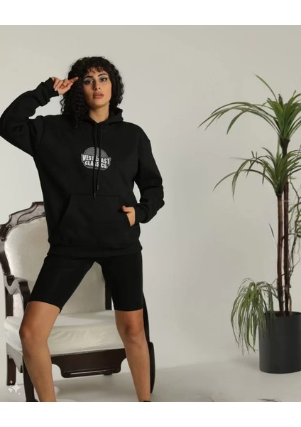 Unisex Sırt Baskılı Kapüşonlu Üç Iplik Oversize Sweatshirt - Siyah