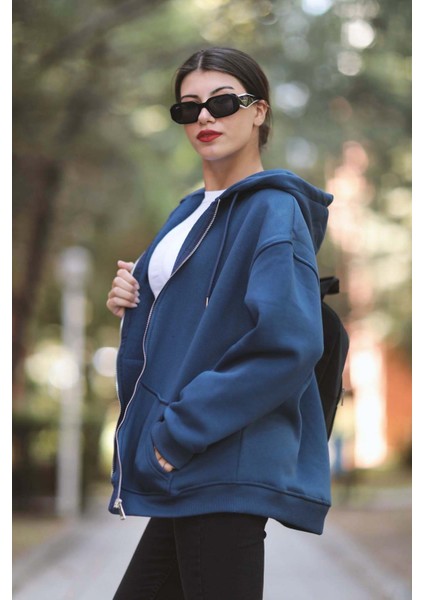 Kadın Fermuarlı Sweatshirt İndigo Şardonlu Oversize Kapüşonlu Hoodie - 9015