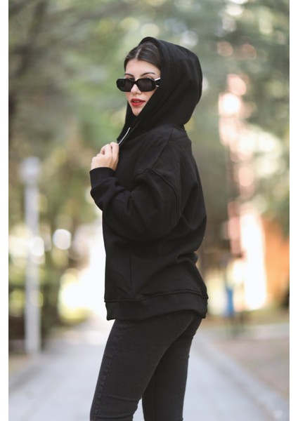 Kadın Fermuarlı Sweatshirt Siyah Şardonlu Oversize Kapüşonlu Hoodie - 9015