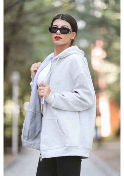 Kadın Fermuarlı Sweatshirt Kar Melanj Şardonlu Oversize Kapüşonlu Hoodie - 9015