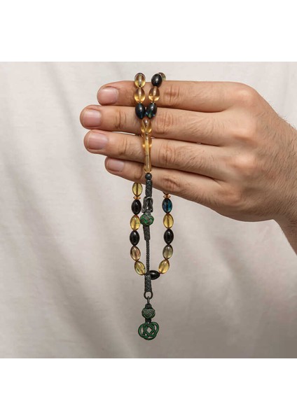 Gümüş Kazaz Püsküllü Sıkma Kehribar Tesbih