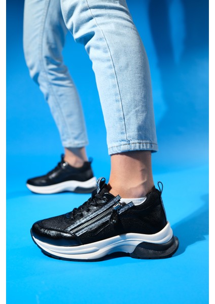 Oude Siyah Kadın Fermuarlı Kalın Taban Spor Sneakers
