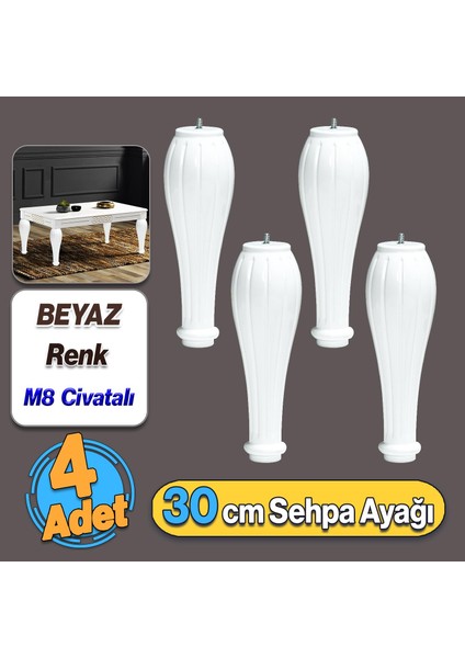 Pırlanta Plastik Sehpa Ayağı 30 cm Beyaz Renk 4 Adet Mobilya Orta Sehpası M8 Civatalı Ayak Ayaklar