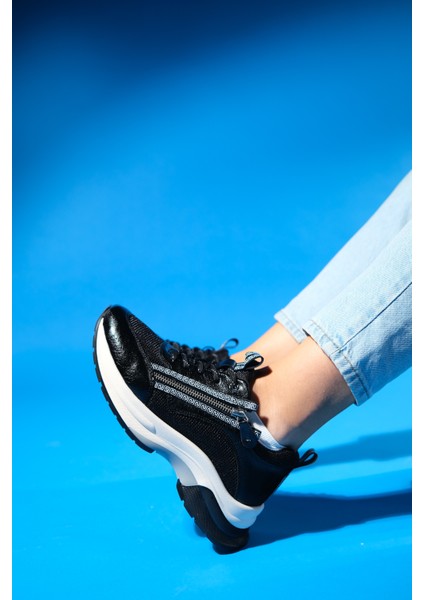 Oude Siyah Kadın Fermuarlı Kalın Taban Spor Sneakers