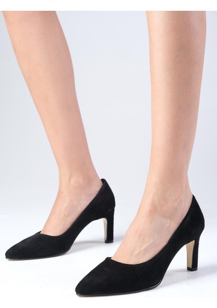 Beliz Hakiki Süet Siyah Stiletto Kadın Topuklu Ayakkabı