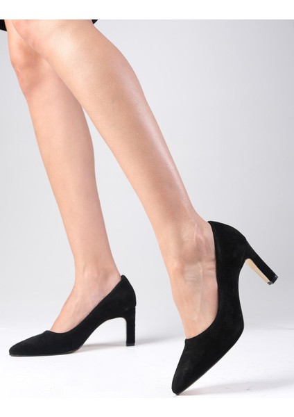 Beliz Hakiki Süet Siyah Stiletto Kadın Topuklu Ayakkabı