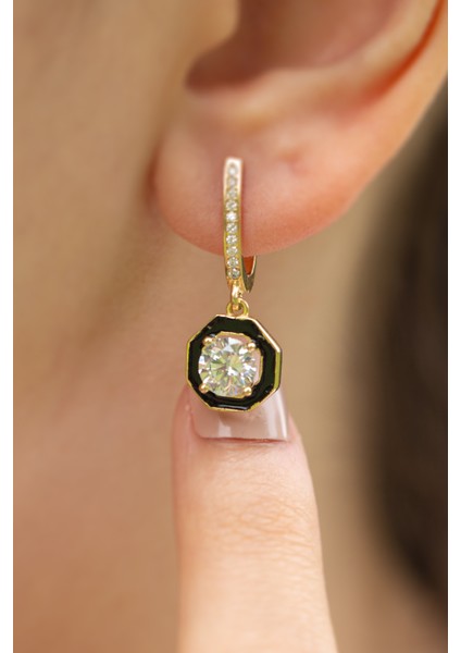 Siyah Mineli Tektaş Halka Altın Küpe CGKKP083