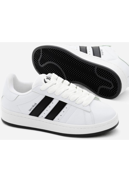 Kadın Beyaz Siyah Termo Taban Yanı Şeritli Bağcıklı Spor Ayakkabı fırsatları