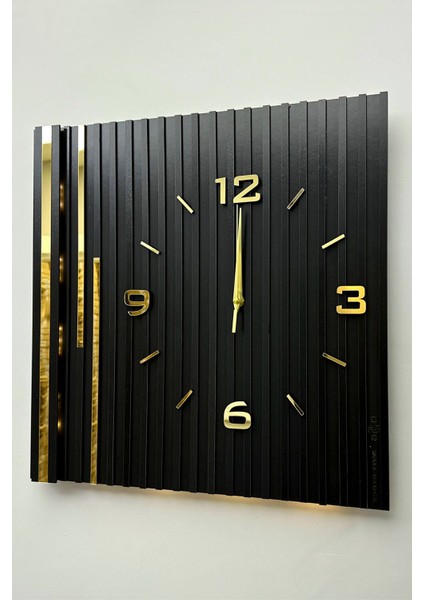 Long Lines Işıklı (Pilli Led) Sessiz Mekanizma 48X48CM Asse Tasarım Modern Duvar Saati Siy-Siy-Sarı fiyatları