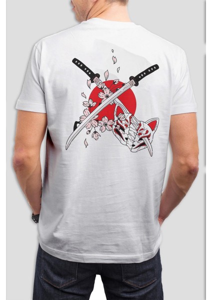 Japon Samuray Kitsune Baskılı Beyaz Tişört C1050